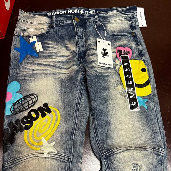 Maison Noir Mens Blue 5 Pocket Design Distressed Straight Denim Jeans Size 40 - Picture 3 of 4